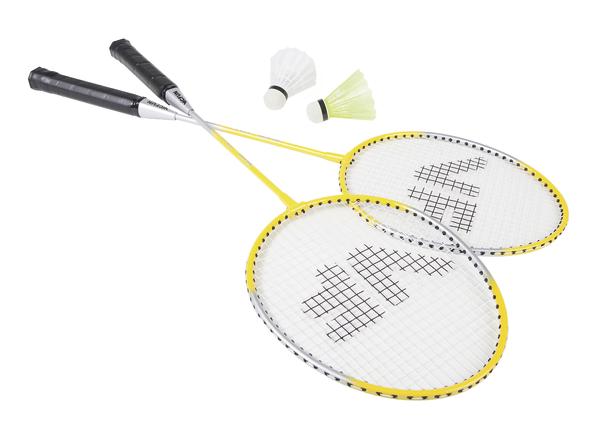 Badmintonschläger mit gelbem Rahmen und zwei Federbällen auf weißem Hintergrund.