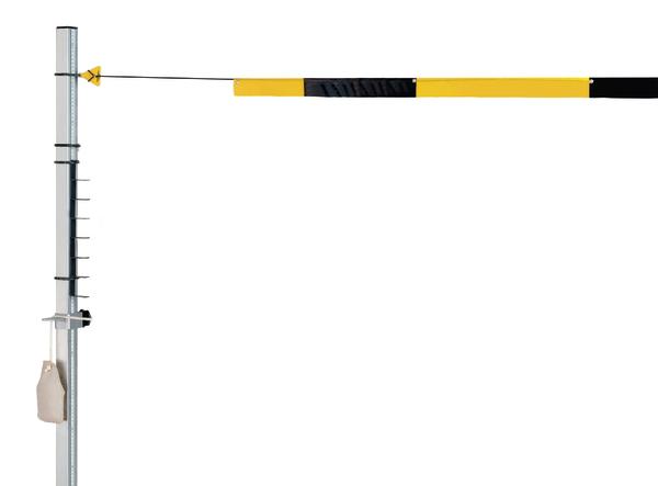 Hochsprunglatte mit Messmarkierungen und gelb-schwarzer Sprungstange auf weißem Hintergrund.