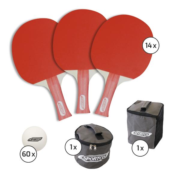 14 rote Tischtennisschläger, 60 weiße Tischtennisbälle und zwei schwarze Sporttaschen.