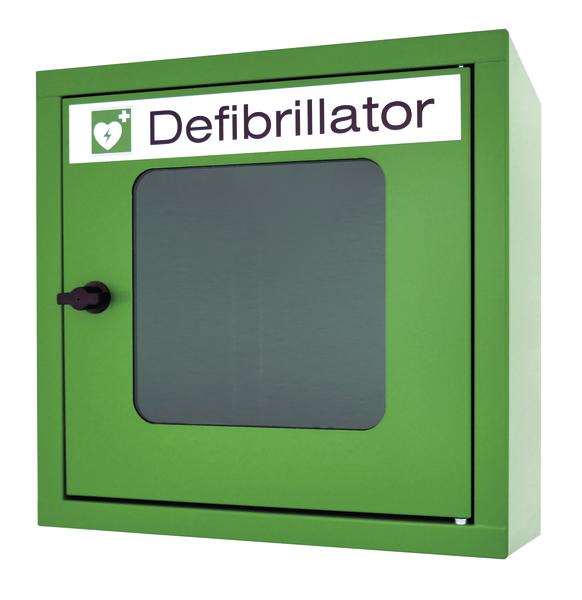 Grüner Defibrillator-Schrank mit Sichtfenster und Beschriftung "Defibrillator" für Notfälle.