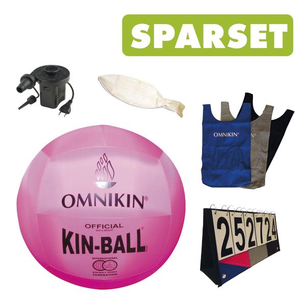 Kin-Ball Set mit pinkem Ball, Pumpe, Trikots, Ersatzballon und Spielstandsanzeige.