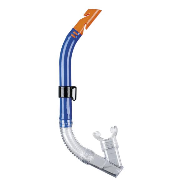 Bunter Schnorchel mit blauem Rohr und orangefarbener Spitze für Tauchen und Schnorcheln.