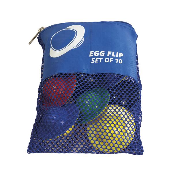Set aus 10 bunten Eierflip-Spielbällen in blauem Netzbeutel mit Reißverschluss.