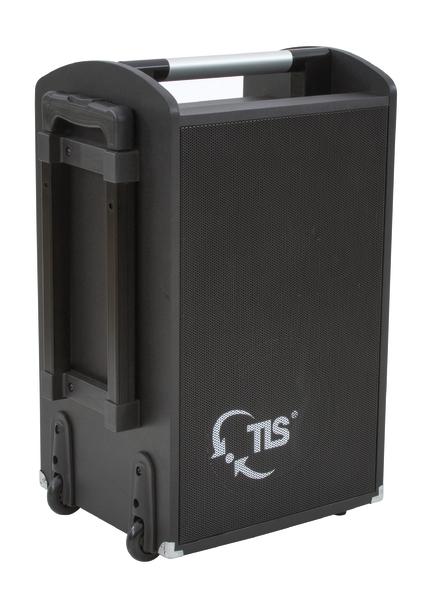 Mobiler schwarzer Lautsprecher mit Rollen und ausziehbarem Griff für einfachen Transport.