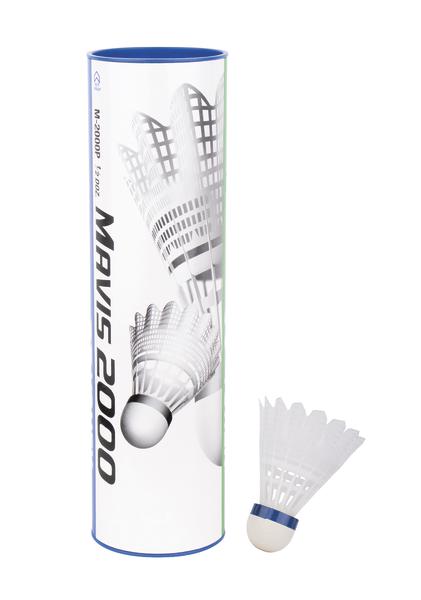 Dose mit weißen Federbällen für Badminton, Modell Mavis 2000, mit einem einzelnen Federball daneben.