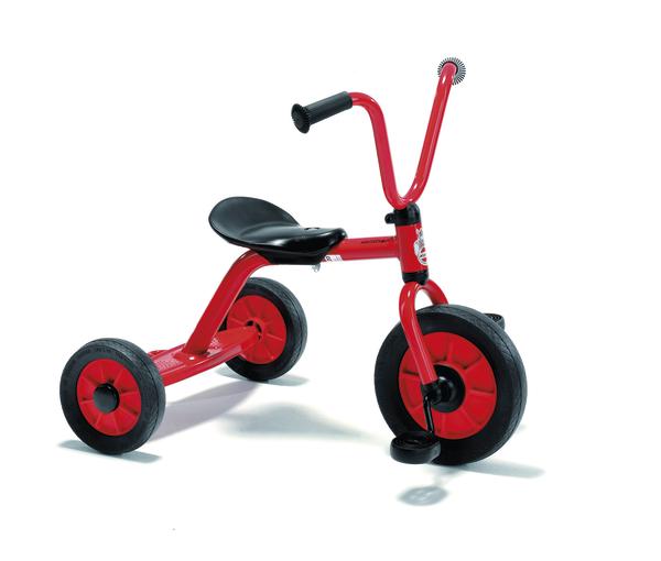 Rotes Kinder-Dreirad mit schwarzem Sitz und großen Reifen, ideal für Kleinkinder.