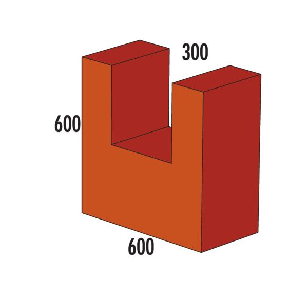 3D-Block mit U-förmiger Aussparung und den Maßen 600x600x300 Millimeter.