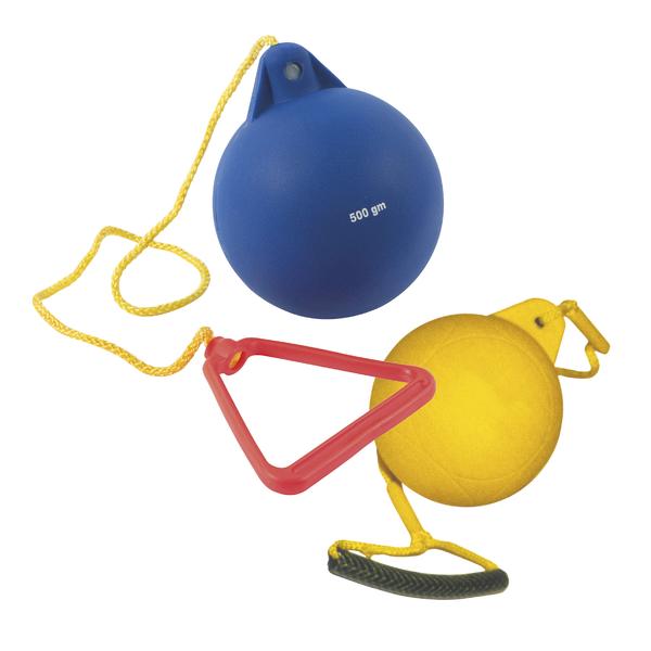 Blauer und gelber Wurfball mit Griffen und Seil für Wurf- und Fangspiele.