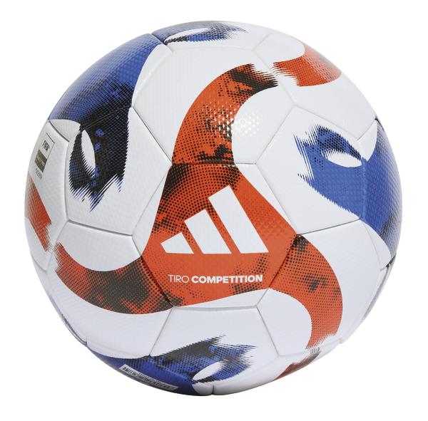 Adidas Tiro Competition Fußball in Weiß mit blau-rotem Design und Logo.