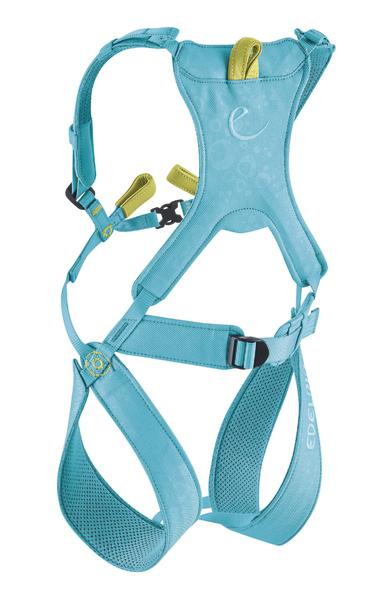 Klettergurt in Türkis mit verstellbaren Gurten und Polsterung für sicheren Halt beim Klettern.