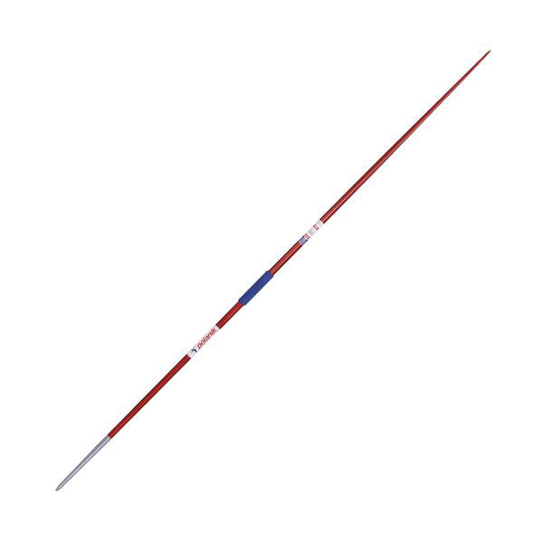 Roter Speer mit Metallspitze und blauem Griff für Speerwurf im Sport.