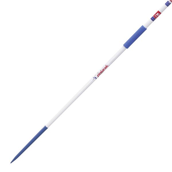 Weiß-blauer Trainingsspeer mit spitzem Ende und Griff.