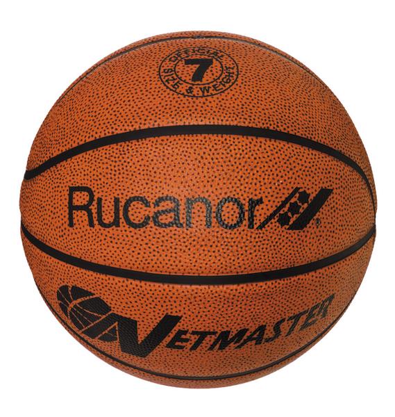 Oranger Basketball mit schwarzem Schriftzug "Rucanor" und "Netmaster" auf weißem Hintergrund.
