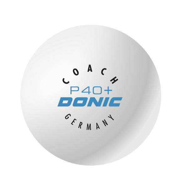 Weißer Donic P40+ Tischtennisball mit Coach Germany Aufdruck, ideal für Training und Wettkampf.