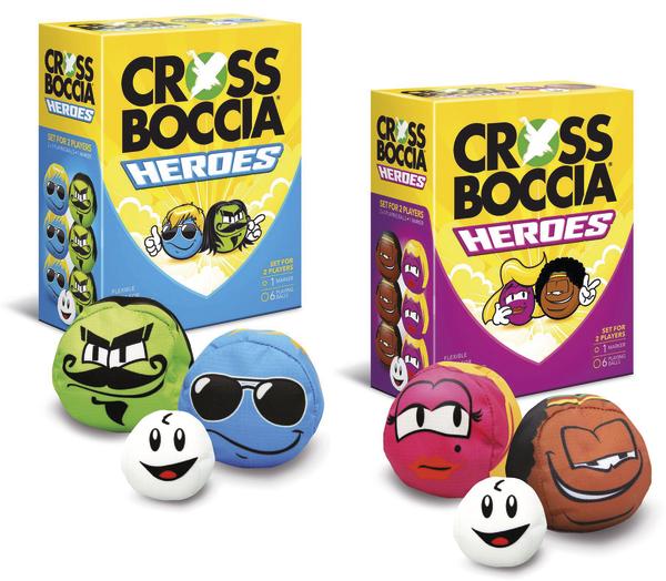 Cross Boccia Heroes Spielset mit farbigen Bällen mit Gesichtern und weißem Zielball.