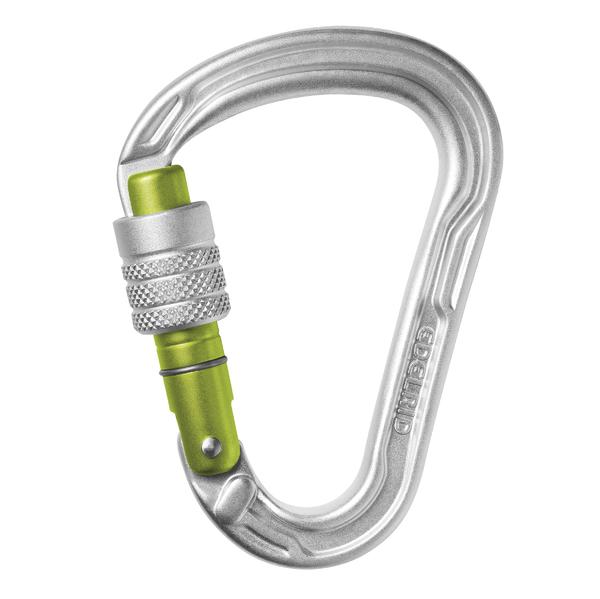 Karabinerhaken aus Aluminium mit grünem Schraubverschluss für Klettersicherung.