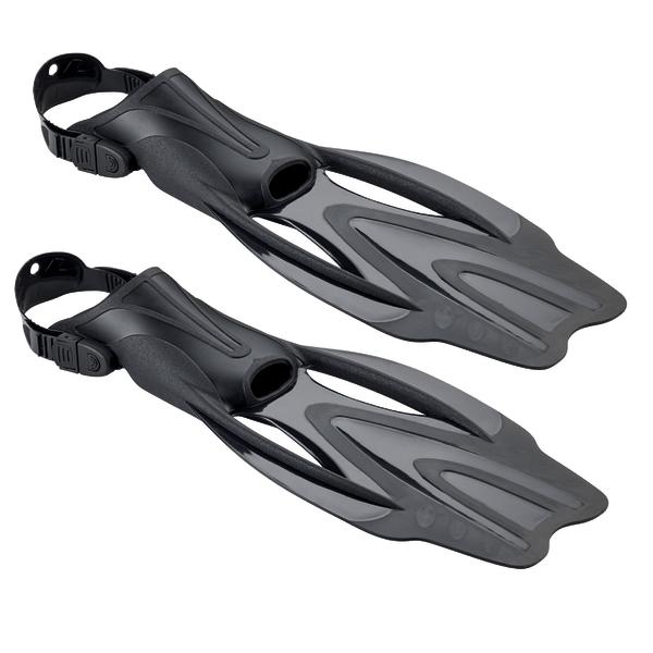 Schwarze Tauchflossen mit verstellbarem Fersenriemen für schnelles Schwimmen.