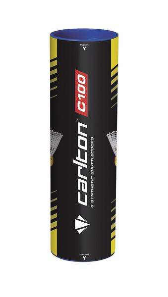 Dose mit Carlton C100 synthetischen Federbällen für Badminton, schwarz-gelb.