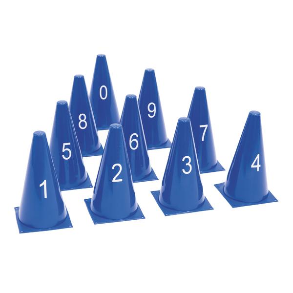 Blau nummerierte Trainingskegel von 0 bis 9 auf weißem Hintergrund, Sportausrüstung.