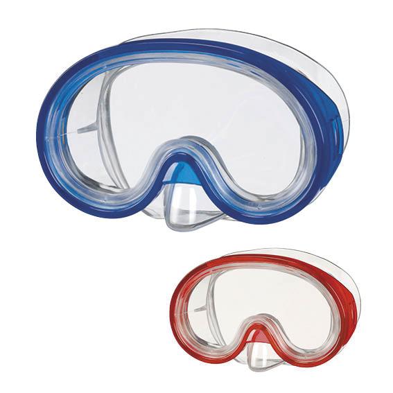Taucherbrillen in Blau und Rot, klare Gläser, für Wassersport und Schwimmen.