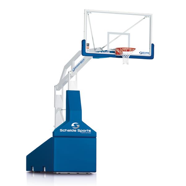 Mobiler Basketballkorb mit transparentem Backboard und stabiler Basis von Schelde Sports.