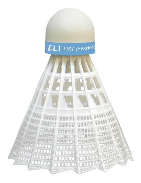Weißer Kunststoff-Badmintonball mit blauem Band und Aufschrift "ELI Easy Learning"