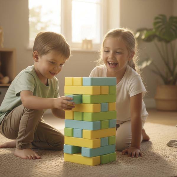 Zwei Kinder spielen auf dem Boden mit einem bunten Stapelspiel aus rechteckigen Steinen.
