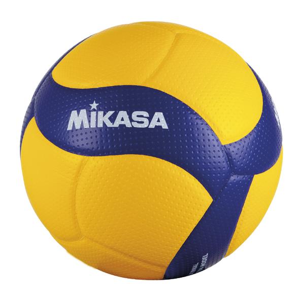 Gelb-blauer Mikasa Volleyball mit strukturiertem Oberflächenmuster, isoliert auf weißem Hintergrund.