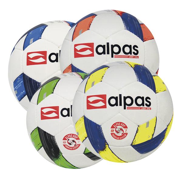 Vier bunte Alpas Fußbälle in verschiedenen Farben, ideal für Fußballtraining und Spiele.