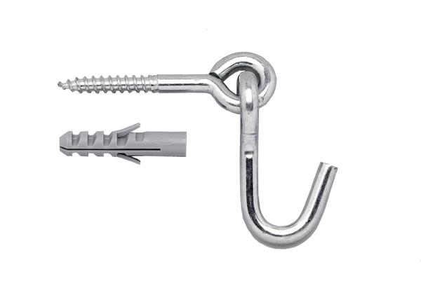 Metallischer Haken mit Schraubgewinde und passendem Kunststoffdübel für Wandbefestigung.