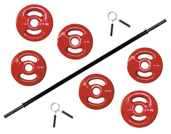 Rote Hantelscheiben 5 kg, 2,5 kg und 1,25 kg mit Griffen für Krafttraining