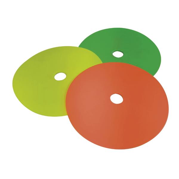 Drei Markierungsscheiben in Neon-Gelb, Neon-Grün und Neon-Orange vor weißem Hintergrund.