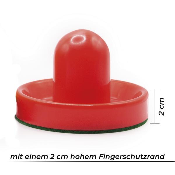 Bandito Airhockey Pusher in rot mit erhöhtem Fingerschutzrand und grünem Filzboden.