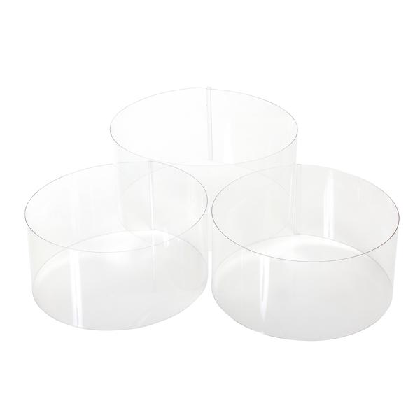 Transparente, runde Tortendeko-Ringe aus Kunststoff in verschiedenen Größen, stapelbar.