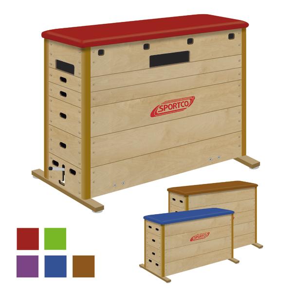 Mehrfarbiger Sportco Sprungkasten aus Holz mit gepolstertem Deckel für Turnübungen.