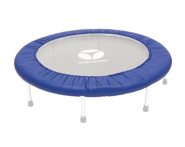 Kleines Fitness-Trampolin mit blauem Rand und weißem Sprungtuch, sechs Beinen.