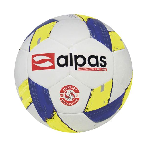 Handball mit alpas Logo, weiß, blau und gelb, leichtes Design, 290g Gewicht.