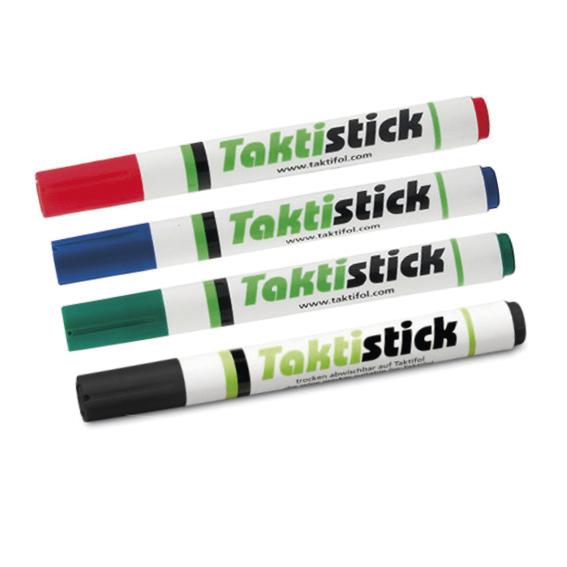 Vier Taktistick Marker in Rot, Blau, Grün und Schwarz für Whiteboards.