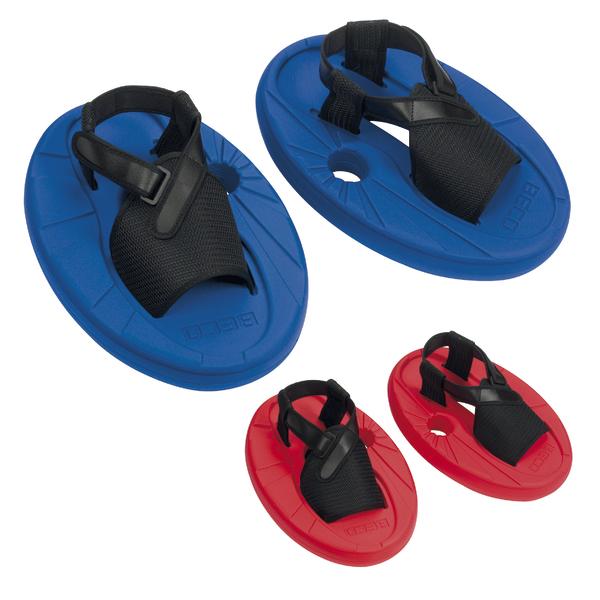 Zwei Paar Handpaddel in Blau und Rot für Schwimmtraining mit verstellbaren Gurten.