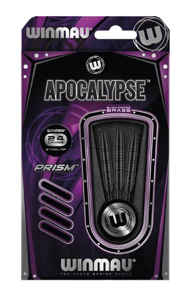 Winmau Apocalypse Prism 24g Stahlspitzen-Darts in Verpackung, schwarz-lila Design.
