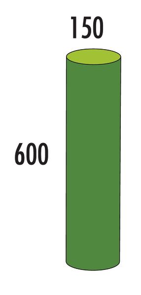 Grüner Zylinder mit Höhe 600 und Durchmesser 150, technische Zeichnung.