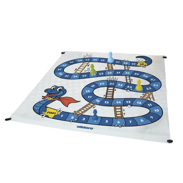 Spielmatte mit „Leiterspiel“-Design, inklusive Spielfiguren und Zahlenfeldern.