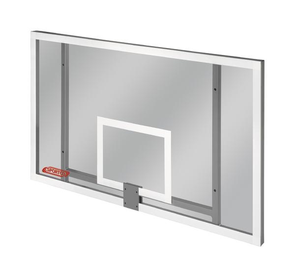 Moderner Basketballkorb mit transparentem Rückbrett und weißem Rahmen, Sportgerät für Basketball.