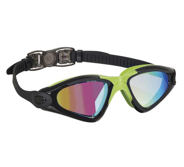 Schwimmbrille mit verspiegelten Gläsern und verstellbarem schwarzem Silikonband, grün-schwarz.