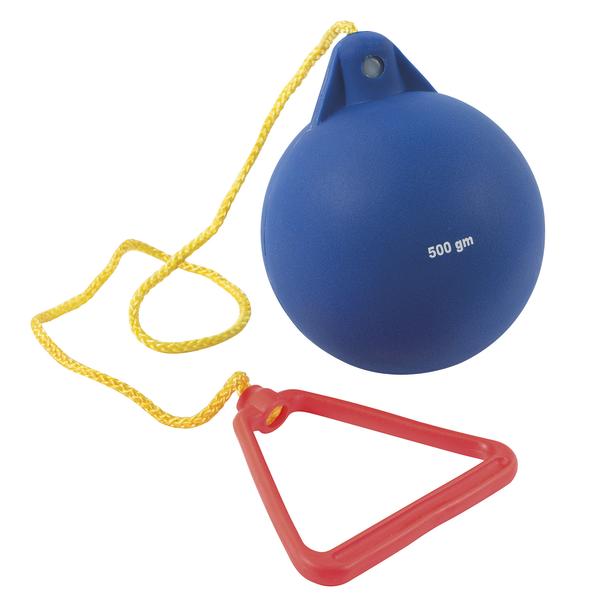 Blauer Schlagball mit 500 g Gewicht und rotem Griff an gelber Schnur, Sportgerät.