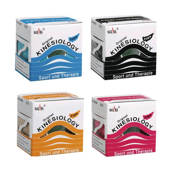 Blaues Kinesiology Tape für Sport und Therapie in quadratischer Verpackung in verschiedenen Farben.