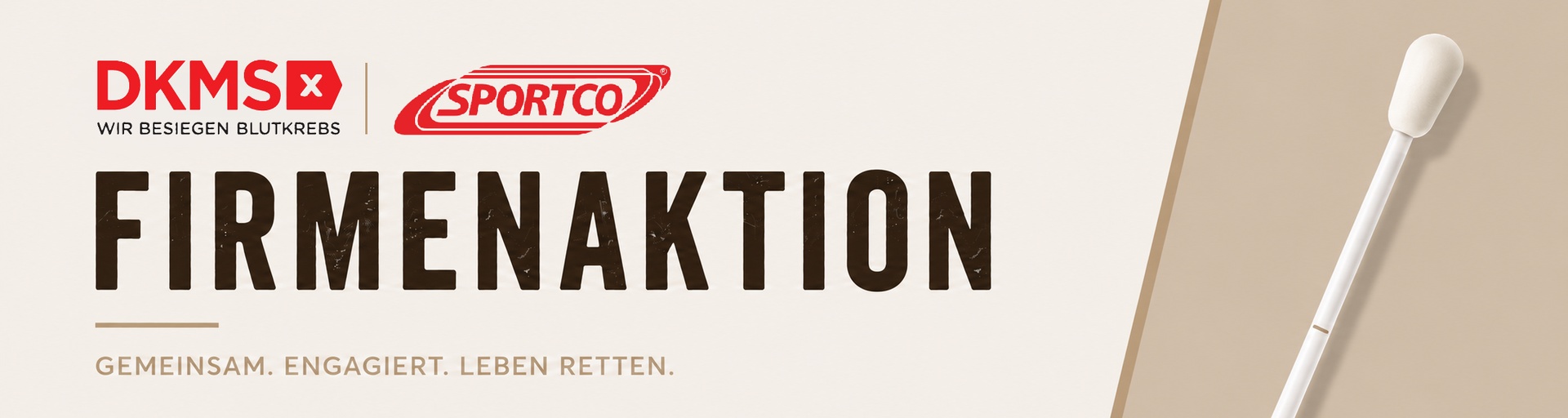 Header-Bild zur Firmenaktion von DKMS und Sportco mit dem Motto „Gemeinsam. Engagiert. Leben retten.“ - KI generiert.