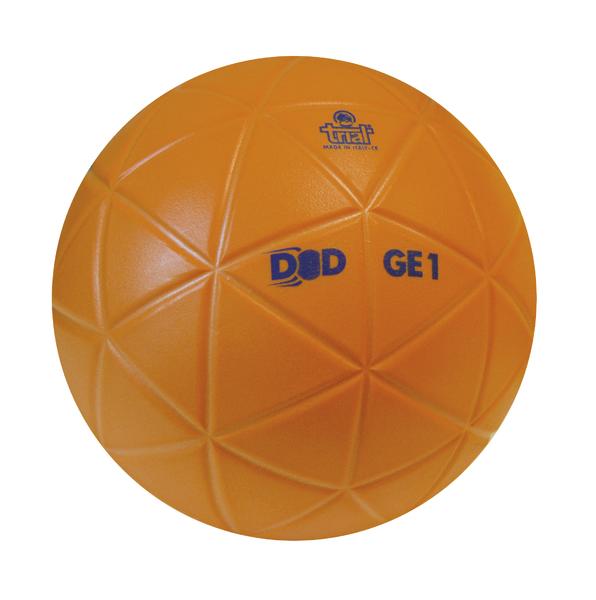 Orange Gymnastikball mit geometrischem Muster und Aufdruck "DOD GE1" auf weißem Hintergrund.