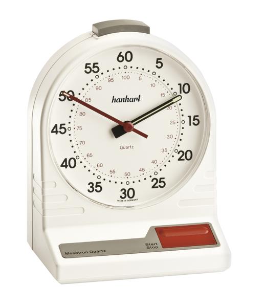 Weißer Hanhart Tischstoppuhr mit Start-Stopp-Taste und großer Ziffernanzeige.