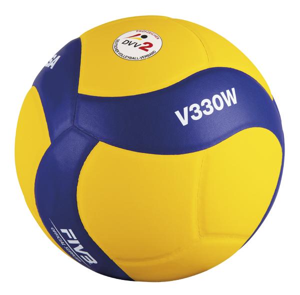 Volleyball in Gelb und Blau mit FIVB-Logo und Modellnummer V330W, offizieller Spielball.